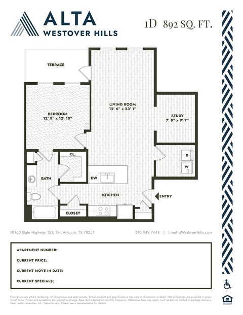 A floor plan for an Alta Westover Hills apartment.
